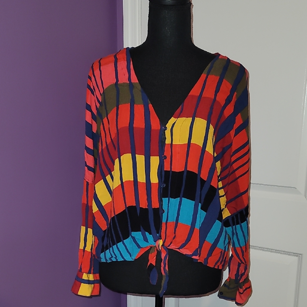 Express Multicolor Striped Button Down Crop Style… - image 2